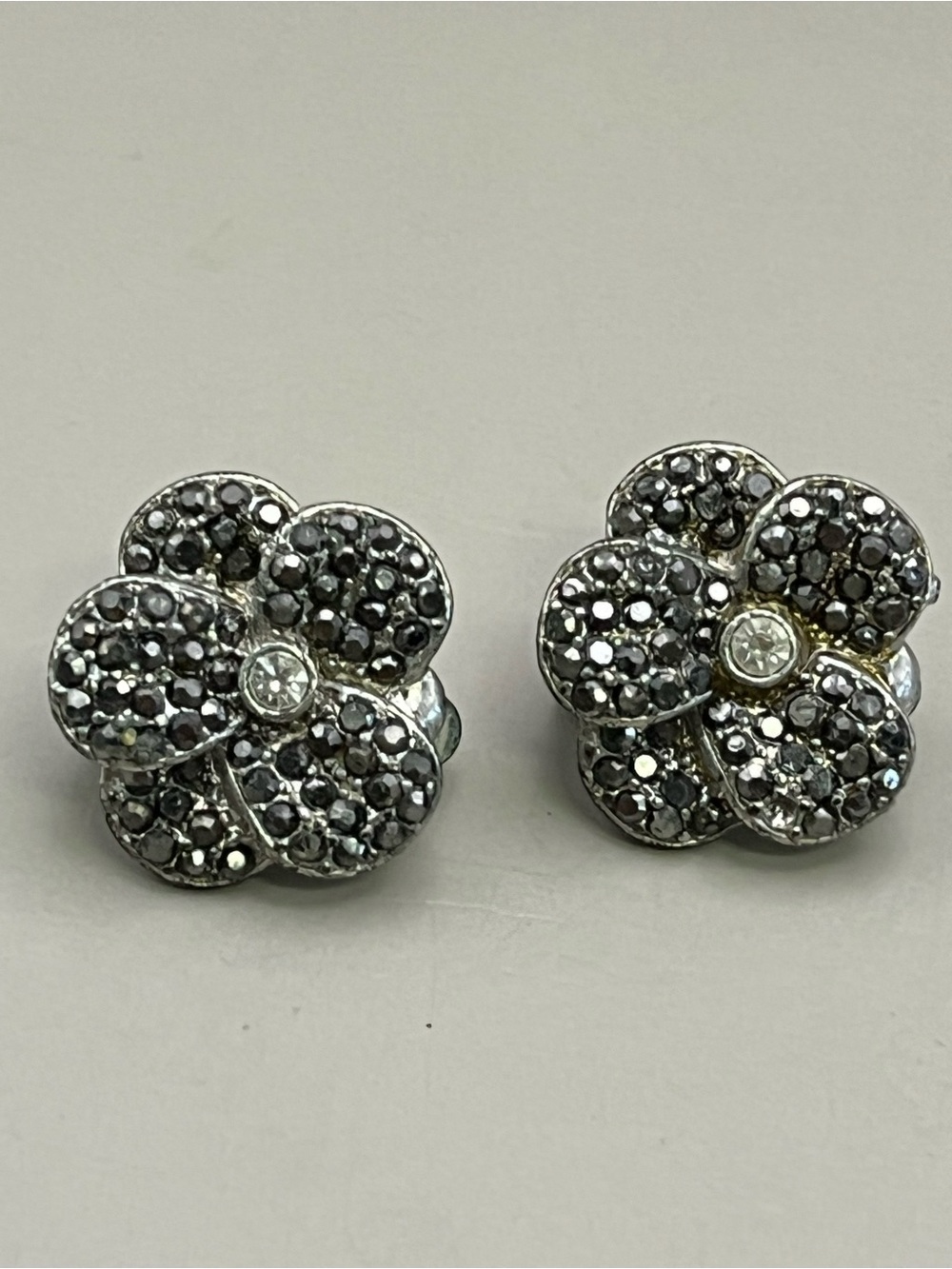 Avon Vintage Flower Clip On Earrings | Silver Tone Marcasite Pave Crystal Floral